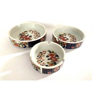 Vintage Old Imari Red Blue Orange 3 PC Set Ashtray Japan Asian